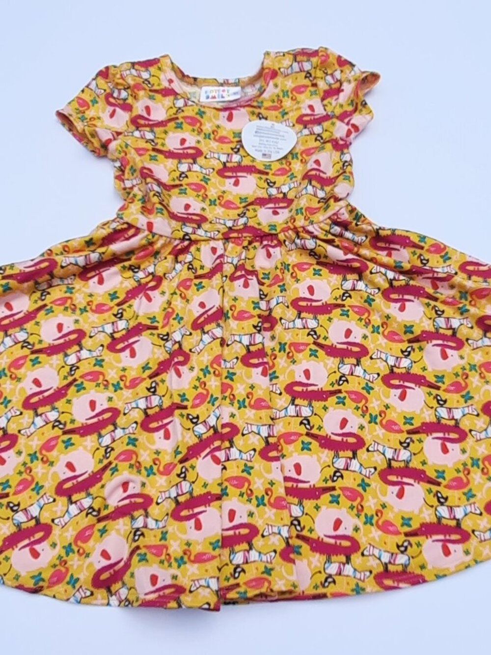 Dot Dot Smile Twirl Dress Girls 3/4 Yellow Zoo Animal Print Cap Sleeve